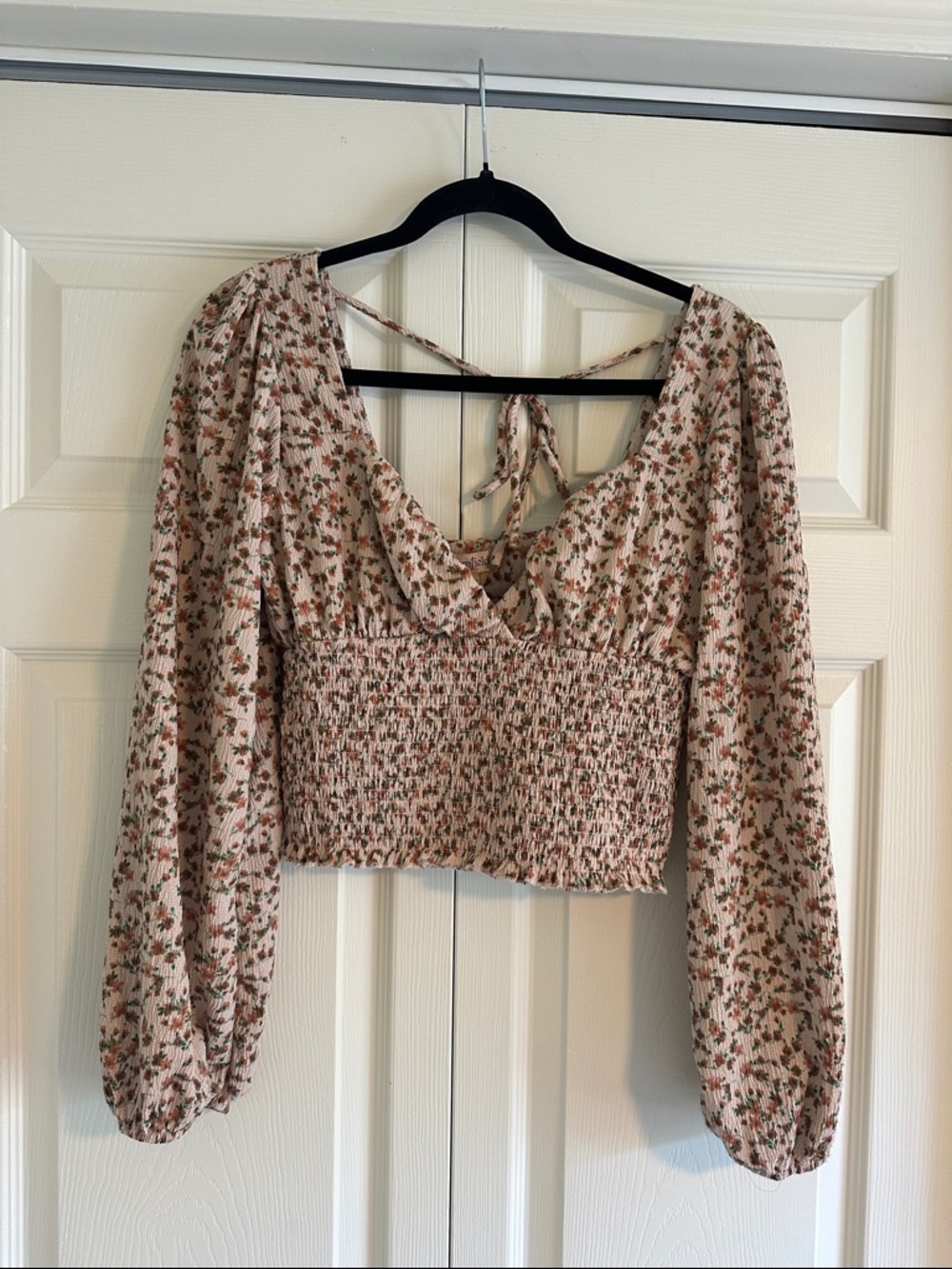 Blush Floral Smocked Crop Top with Long Sleeves